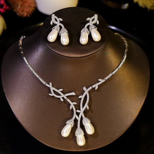 New Unique Pearl Flower Design Necklace Sets for Women Accessories Luxury Dubai Bridal Wedding Jewelry X0576