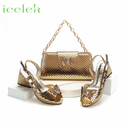 Royal Blue 2024 New Fashionable Summer Hollow Pattern Design Comfortble Heesl Sandal with Bag Set For Wpmen Party