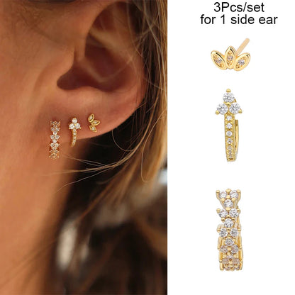 3PCs/set Earrings for 1 Ear Women gold color zirconia Classic Piercing Designer Earring set 2024 Women Jewelry Wholesale