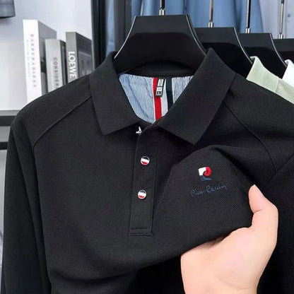 Original Design Men's Polo Shirt Lapel Long Sleeve T-Shirt Autumn New Solid Exquisite Letter Embroider Business Smart Menswear