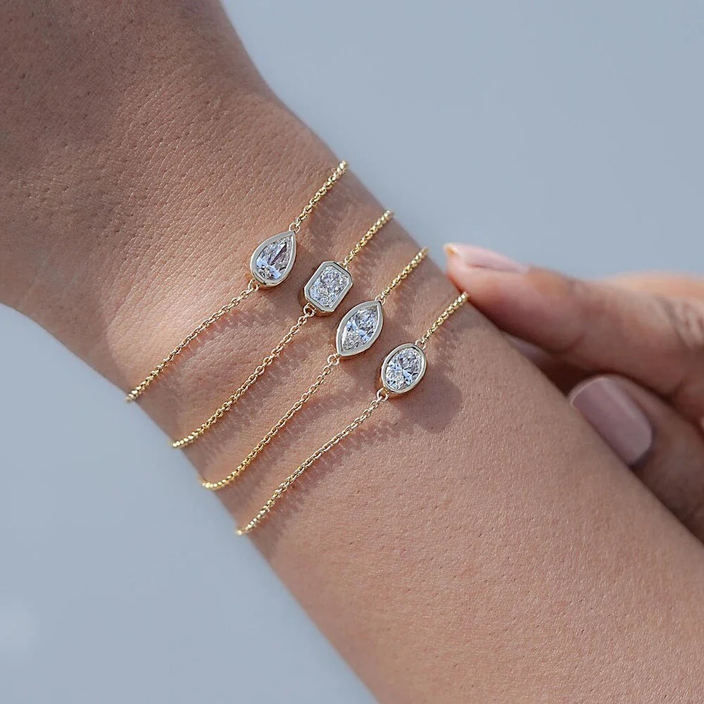 1/2Carat Bezel Set Solitaire Moissanite Diamond Bracelet for Women 925 Silver Marquise/Pear/Oval/Radiant Cut Diamond Hand Chain