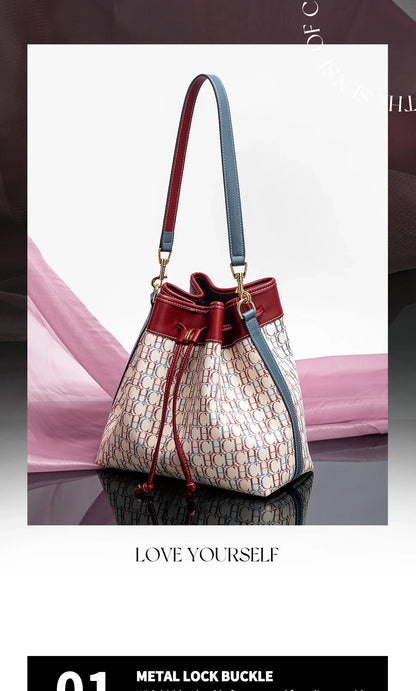 Women's Bucket Bag Spring New Wine Red Drawstring Bag Dual purpose Shoulder Strap Commuter Wallet