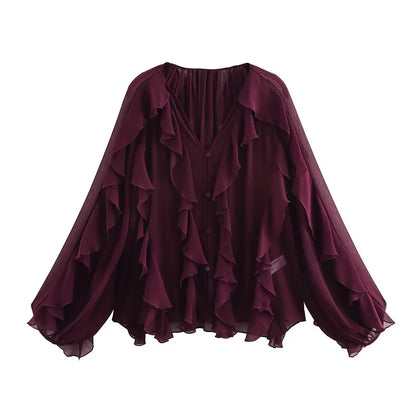 2025 Ruffle Blouses for Women Semi Sheer Shirts and Blouses Woman Summer Casual Blouses Woman Fashion Tops Womens Blouses