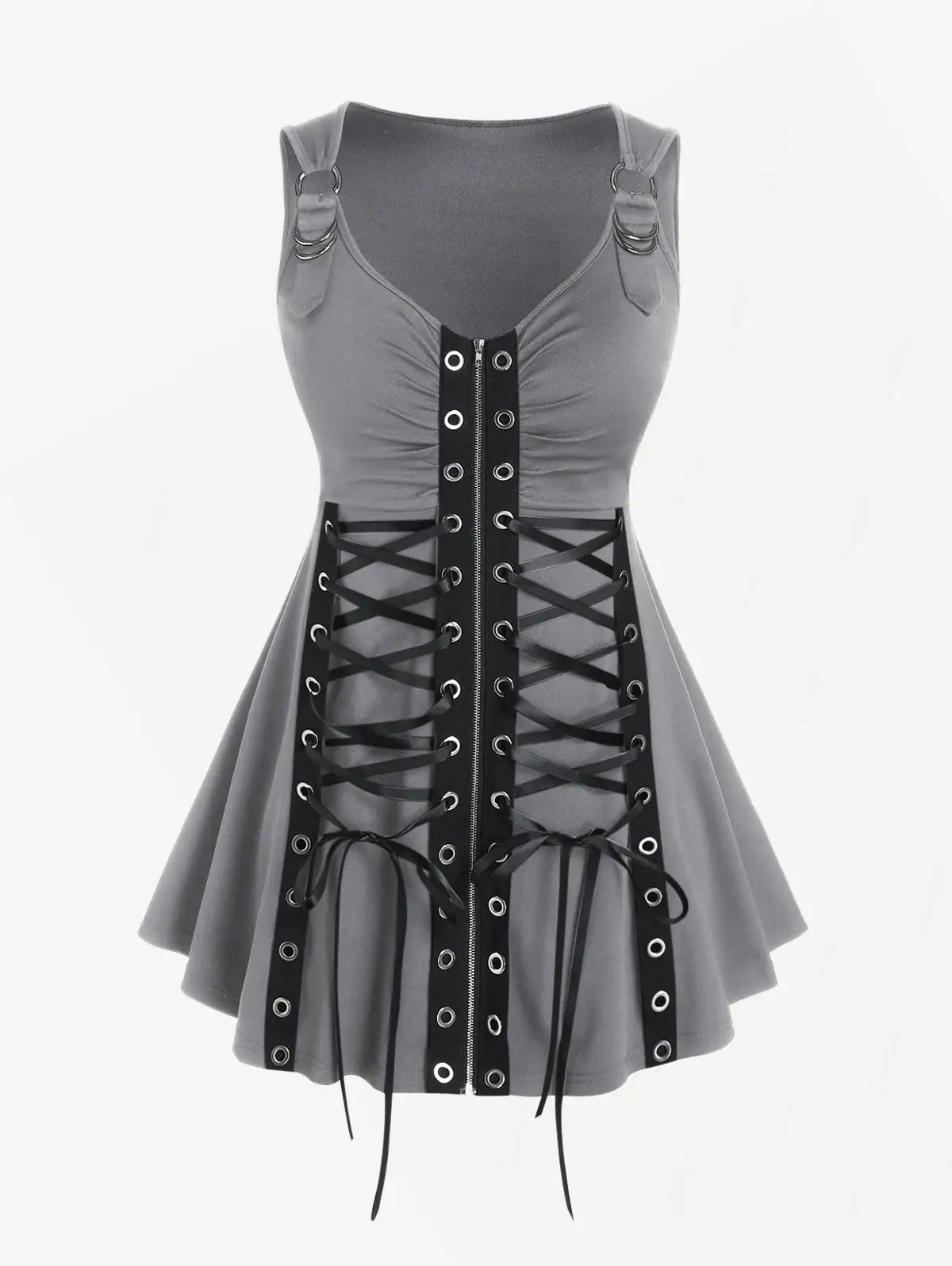 Plus Size Gothic Full Zipper Grommets Camis Tops Buckle Strap Plaid Vest Women Summer Sweetheart Neck Empire Waist Tanks