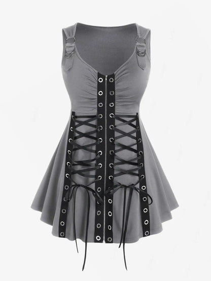 Plus Size Gothic Full Zipper Grommets Camis Tops Buckle Strap Plaid Vest Women Summer Sweetheart Neck Empire Waist Tanks