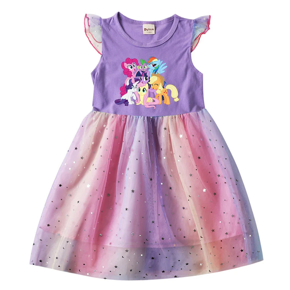 My Little Pony Baby Girls Dress Children Cartoon Mesh Star Sequins Princess Dress Kids Flying Sleeve Skirt For Daily Gift