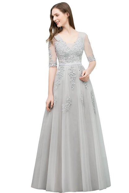 Elegant Half Sleeve Evening Dresses Lace Appliques A-Line Long Tulle Strap V-Neck Sheer Backless Prom Dress Empire Party Gowns