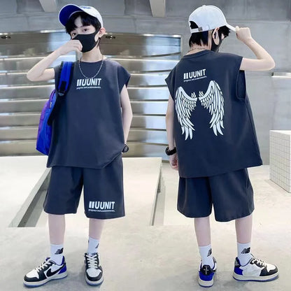Big Child Cotton Summer Suit for Teens Boy Wing Print Cotton Tshirt + Shorts 2PCS Clothing Set Kids Adult Fashion Street Outfit