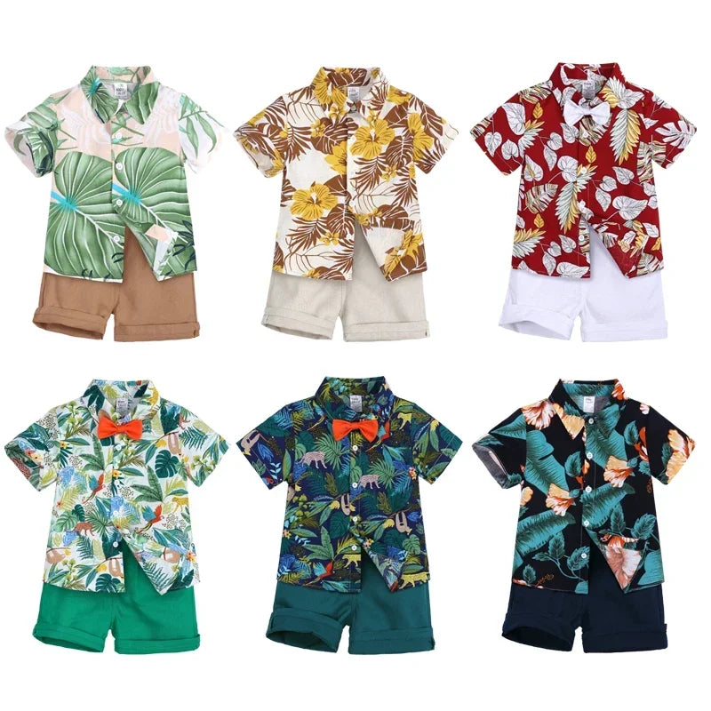 Toddler Baby Boys Sets Summer Hawaiian Outfit Infant Kids Floral Print Short Sleeve Shirt Bowtie Shirt+Shorts Gentleman Suits