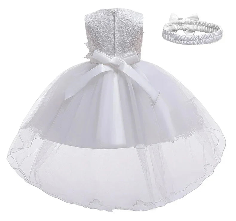 Baby Girl 1st Birthday Baptismal Wedding Dress Princess Dress With Headband Elegant Girls Party Dresses Infant Lace Evening Gown