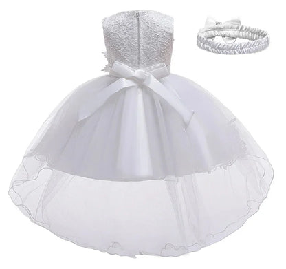Baby Girl 1st Birthday Baptismal Wedding Dress Princess Dress With Headband Elegant Girls Party Dresses Infant Lace Evening Gown