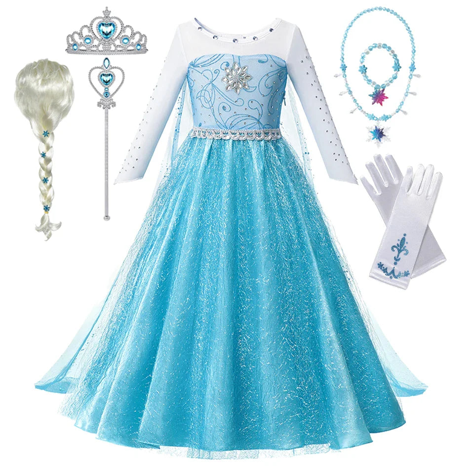 Girls Snow Queen Elsa Anna Long Sleeves Costume Kids Princess Dress Halloween Cosplay Party Prom Gown Vesidos For 2-10 Years
