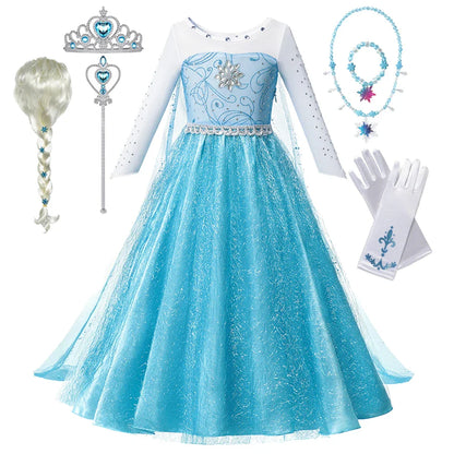 Girls Snow Queen Elsa Anna Long Sleeves Costume Kids Princess Dress Halloween Cosplay Party Prom Gown Vesidos For 2-10 Years