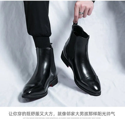 Autumn winter pointed toed male Boots Redsoled high top leather shoe English casual Chelsea boot Fashion comfortable men's shoes