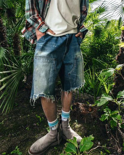 Black Nice Washed Damaged Saint DOUBLE KNEE Zipper Denim Shorts Men Women Oversized Shorts