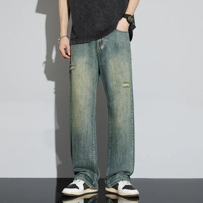 Korea Baggy Cargo Jeans Men Vintage Straight Ripped Y2k Pants Fashion Frayed High Street Distressed Denim Trousers Male Clothes