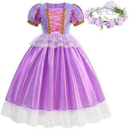 Short Sleeve Purple Puffy Dress + Accessories Girls Cosplay Rapunzel Summer Casual Dress Birthday Party Gift