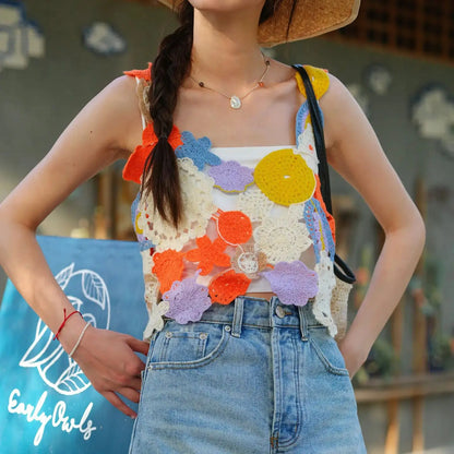 Multicolor Floral Crochet Crop Top Women's Cami Tank Sleeveless Open-work Vest Boho Chic Summer Festival Outfit