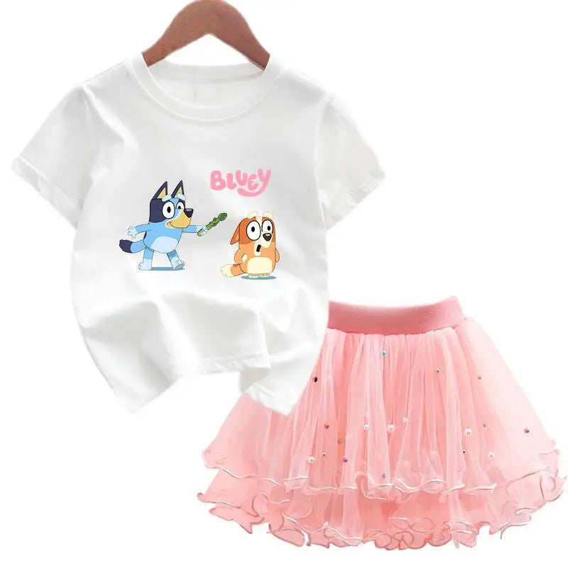 2Pcs/Set Girl Dress Kid Birthday Clothes Party Princess Dress Cartoon T-shirt+Tutu Skirt Summer Evening Christmas Gift