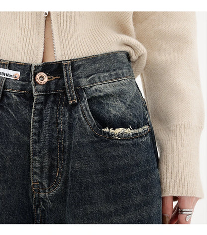 Harajuku Streetwear Retro Fashion Autumn Women High Waist Jeans Loose Wide Leg Straight Loose Denim Trousers Y2K Baggy Pants
