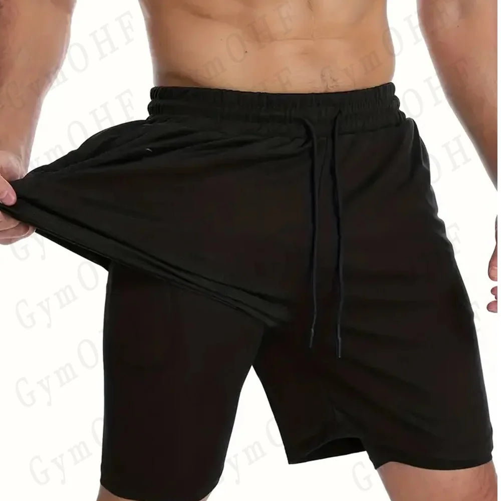 Funny Face 2 in 1 Shorts T Shirt Suits Men's Fitness Breathable Second Skin Compression Shirts Sets Gym Double Deck Shorts
