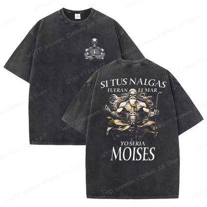 Calacas Chidas Gym Washed T-Shirts Men's Trendy Cool Skeleton & Gym Print Oversized Tshirt Summer Tees Streetwear Casual Tops