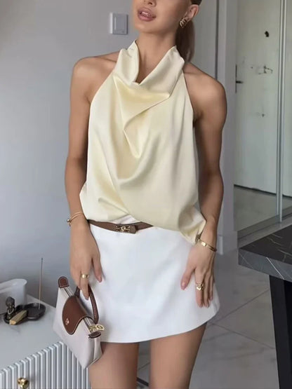 Elegant Women's Satin Backless Halter Vest Summer Solid Sleeveless Sexy High Street Waistcoat Female Slim Camisole Tops