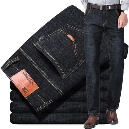 Autumn Spring Business Jeans Men Casual Comfortable Straight Denim Pant Stretch Fashion Classic Soft Premium Blue Black Trousers