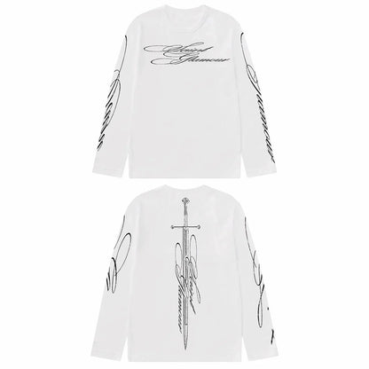 2025 New Harajuku American Retro Fashion Letter Printed Long Sleeved T-shirt Casual Loose Street Style Printed Tops StreetWear