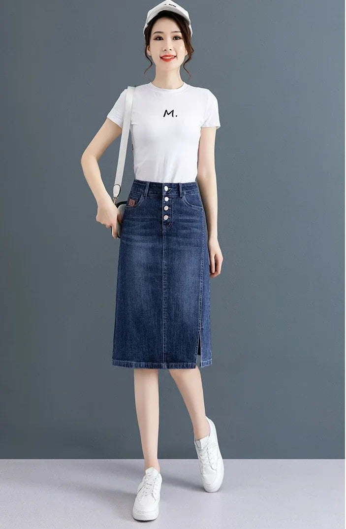 Chubby High Waist Female Jeans Skirts Blue Women's Denim Skirt with Pocket Midi To Knees Length 2025 Trend New in Y2k Vintage V