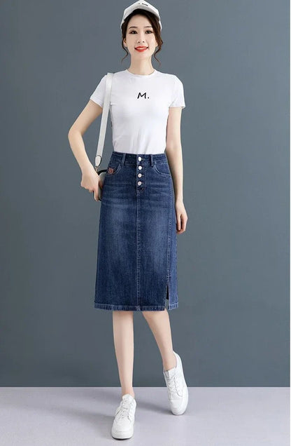 Chubby High Waist Female Jeans Skirts Blue Women's Denim Skirt with Pocket Midi To Knees Length 2025 Trend New in Y2k Vintage V