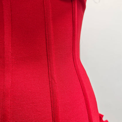 Christmas Dress Strapless Backless Red Structured Floral Embellished Mini Length Bodycon Celebrity Party Cocktail Dress