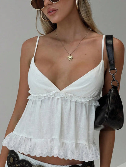 Women's Boho White Linen V-Neck Camisole Tank Top, Suitable for Music Festival Concert Hot Girl Young Girl Daily Wear
