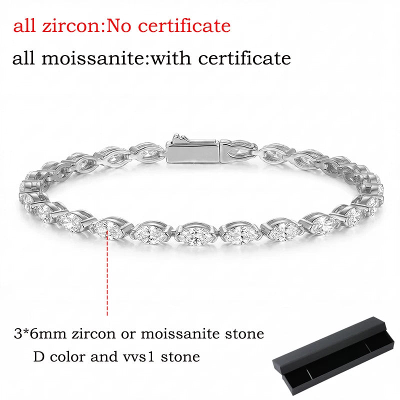3*6mm Marquise Cut Moissanite Tennis Bracelet Full Diamond Bangle for Women Hip Hop 925 Sterling Silver Jewelry Wedding