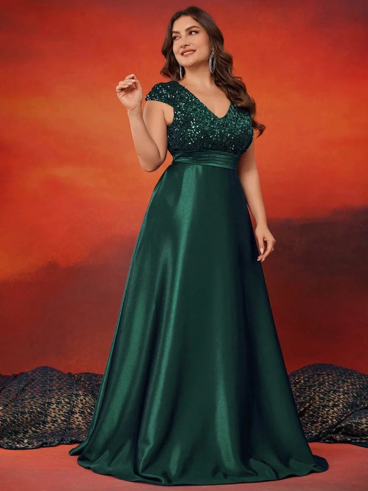 Plus Size Elegant V-Neck Red Sequins Evening Dress Long Luxury Women Satin Sleevesless Party Prom Cocktail Gowns