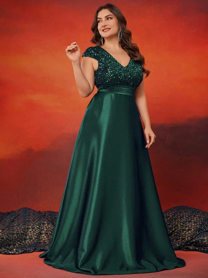 Plus Size Elegant V-Neck Red Sequins Evening Dress Long Luxury Women Satin Sleevesless Party Prom Cocktail Gowns