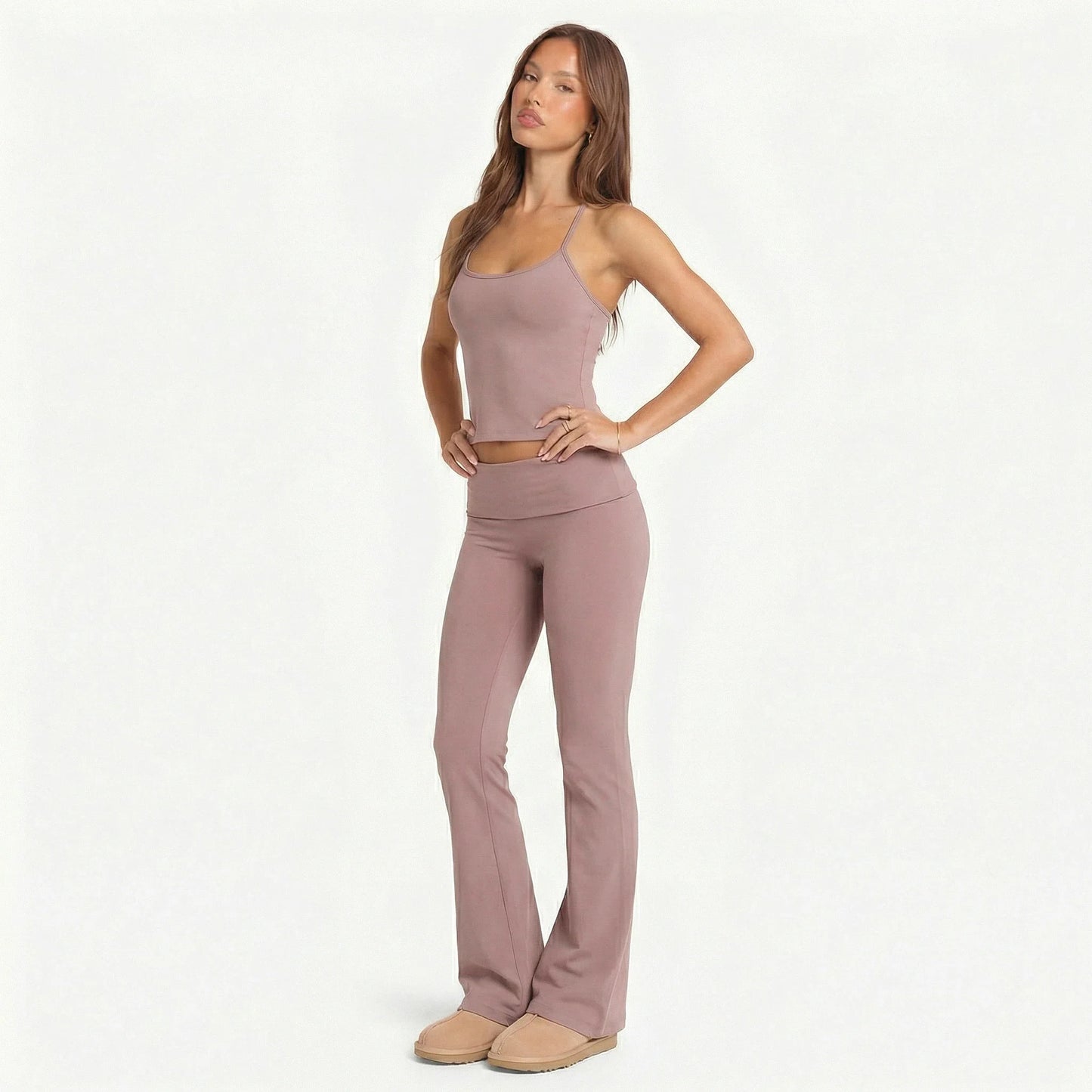 2 Piece Yoga Set Women Foldover Waist Flare Pants Bell Bottoms Tank Top Matching Set Gym Workout Fitness Wear Lounge Wear Suit