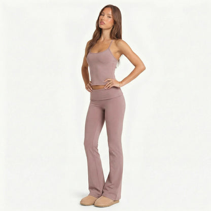 2 Piece Yoga Set Women Foldover Waist Flare Pants Bell Bottoms Tank Top Matching Set Gym Workout Fitness Wear Lounge Wear Suit