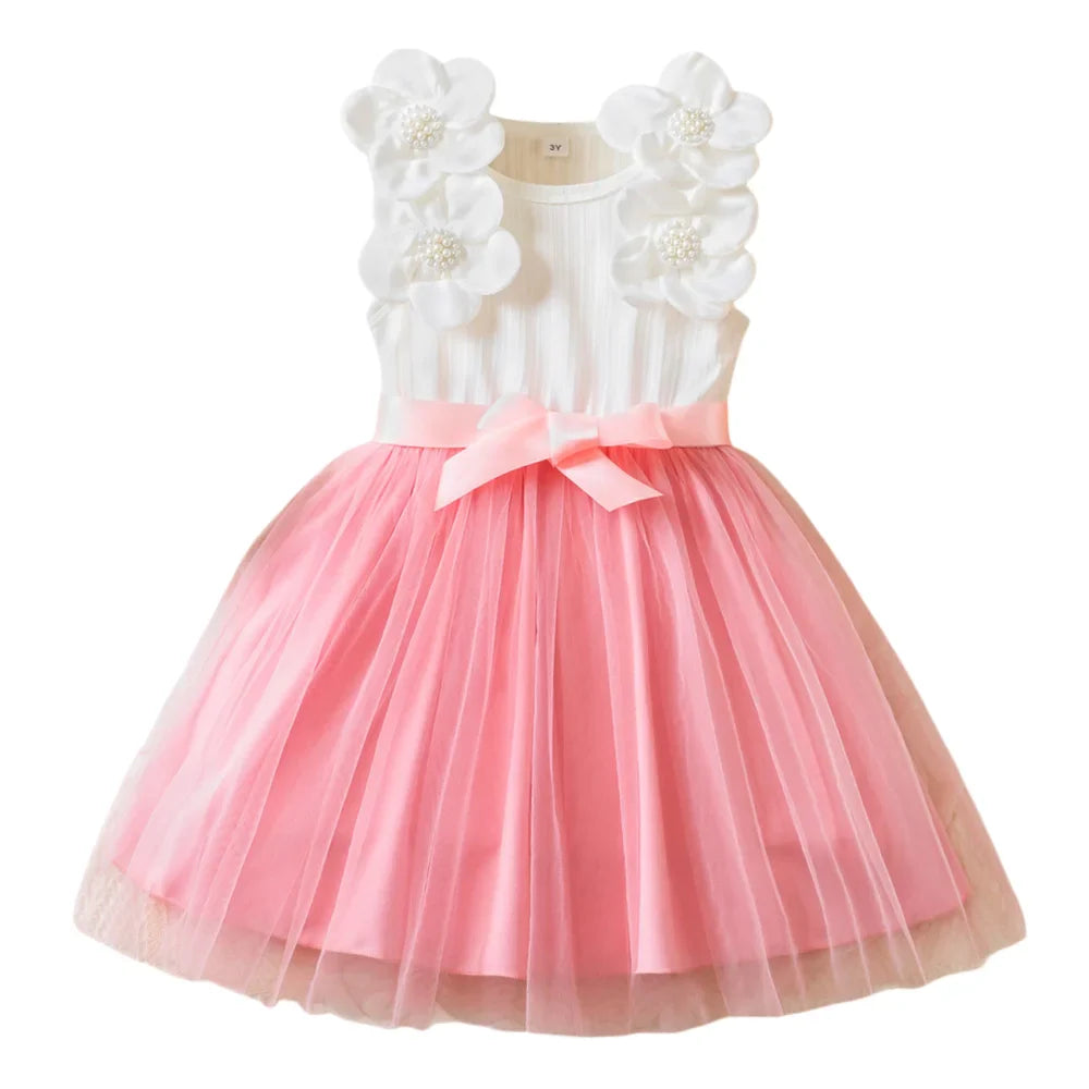 Girls Elegant Tulle Princess Dress Floral Decor Kids Vest Mesh Dress Children 2026 Summer Fanshion Clothing