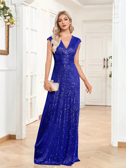 Vestido de Noite Sereia Feminino Elegante Decote V Longo Formal Azul para Formatura Festa com Lantejoulas Sem Mangas Vestidos