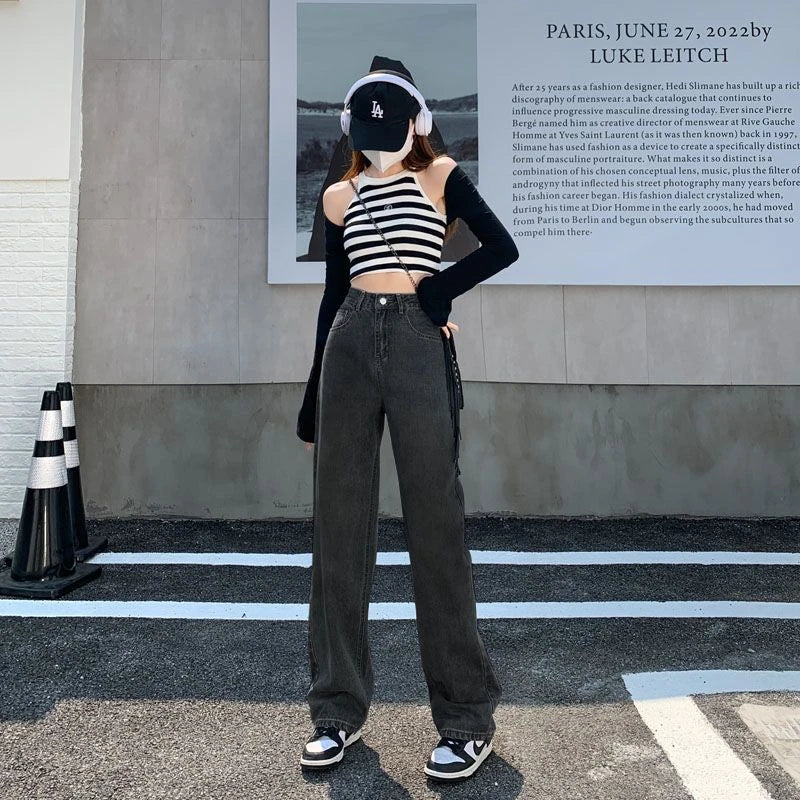 Calça Jeans Branca Feminina de Cintura Alta Jeans Branca Y2k Perna Larga Folgada