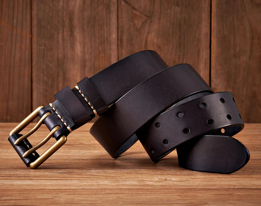 3.8cm Wide Vintage Men's Belt Cowhide Genuine Leather Belt Copper Double Needle Buckle Handmade Jeans Belt Fashion Male Strap