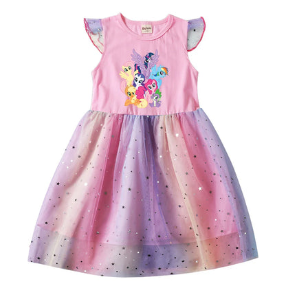 My Little Ponys Baby Girls Dress Children Cartoon Mesh Star Sequins Princess Dress Kids Flying Sleeve Skirt For Birthday Gift
