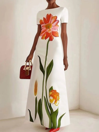 Summer Latest Women's Fashion Flower Printed Dress Round Neck Trend Loose Elegant Party Evening Beach Dresses