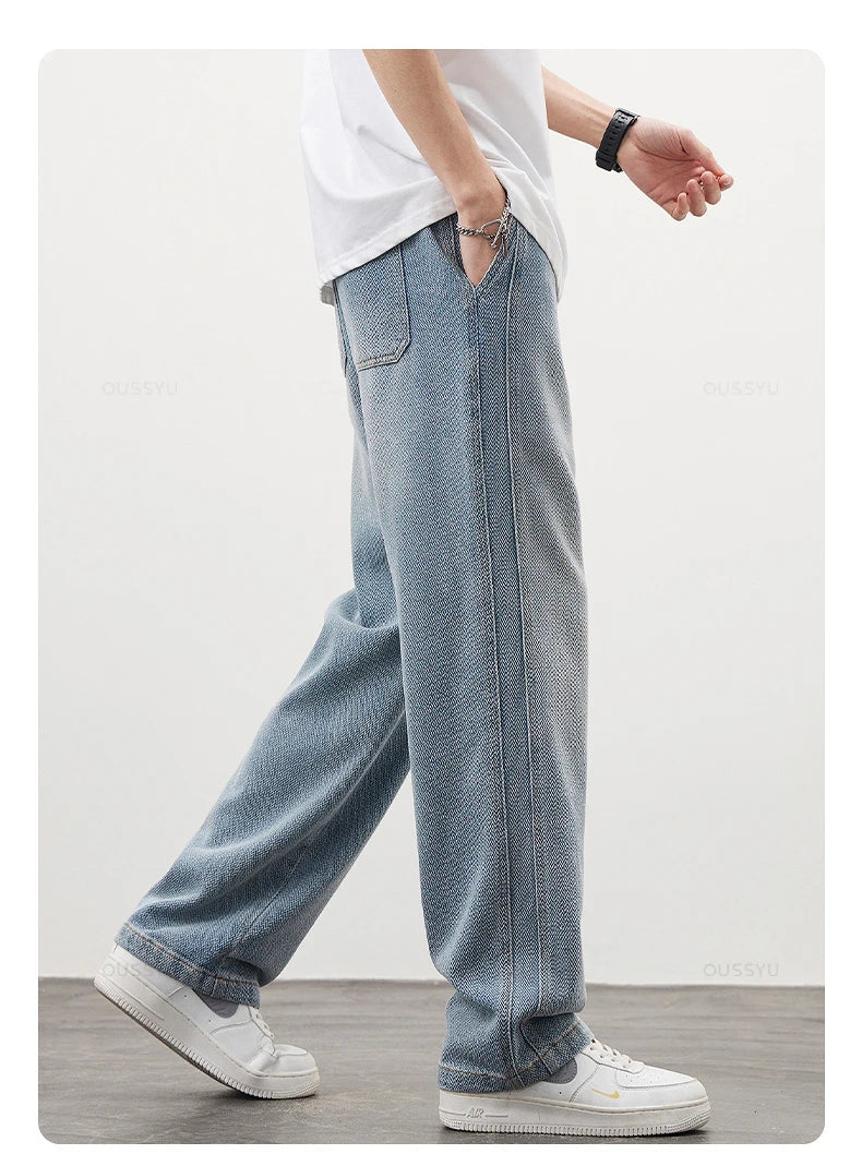 Brand Clothing High Quality Starry Sky Texture Fabric Men's Jeans Loose Straight Denim Pants Elastic Waist Drawstring Trousers