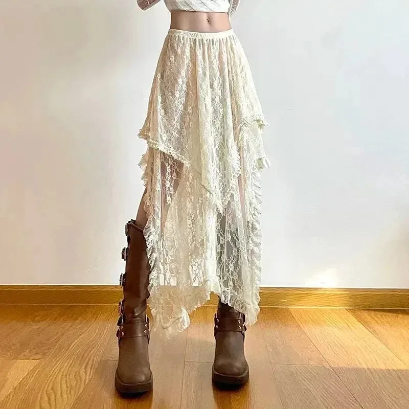Women's High Waist Polka Dot Mesh Skirt Transparent Loose Pleated Long Summer Sexy Club Beach Cover-Up Skirt