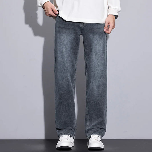 New Men's Micro Elastic Wide Leg Jeans American Retro Versatile Loose Fit Long Pants for All Seasons