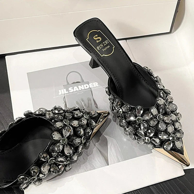 Luxury Rhinestones Pointed Toe Mules Pumps Women Slippers Summer New Fashion Slides Designer High Heeled Sandals Female Tacones
