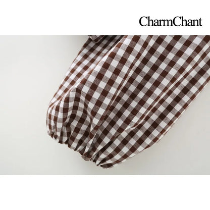 Women's Cotton Gingham Cropped Ruffle Tie Neck Blouse Spring Autumn 2026 Chic Modern Long Sleeve Shirt Tops for Woman