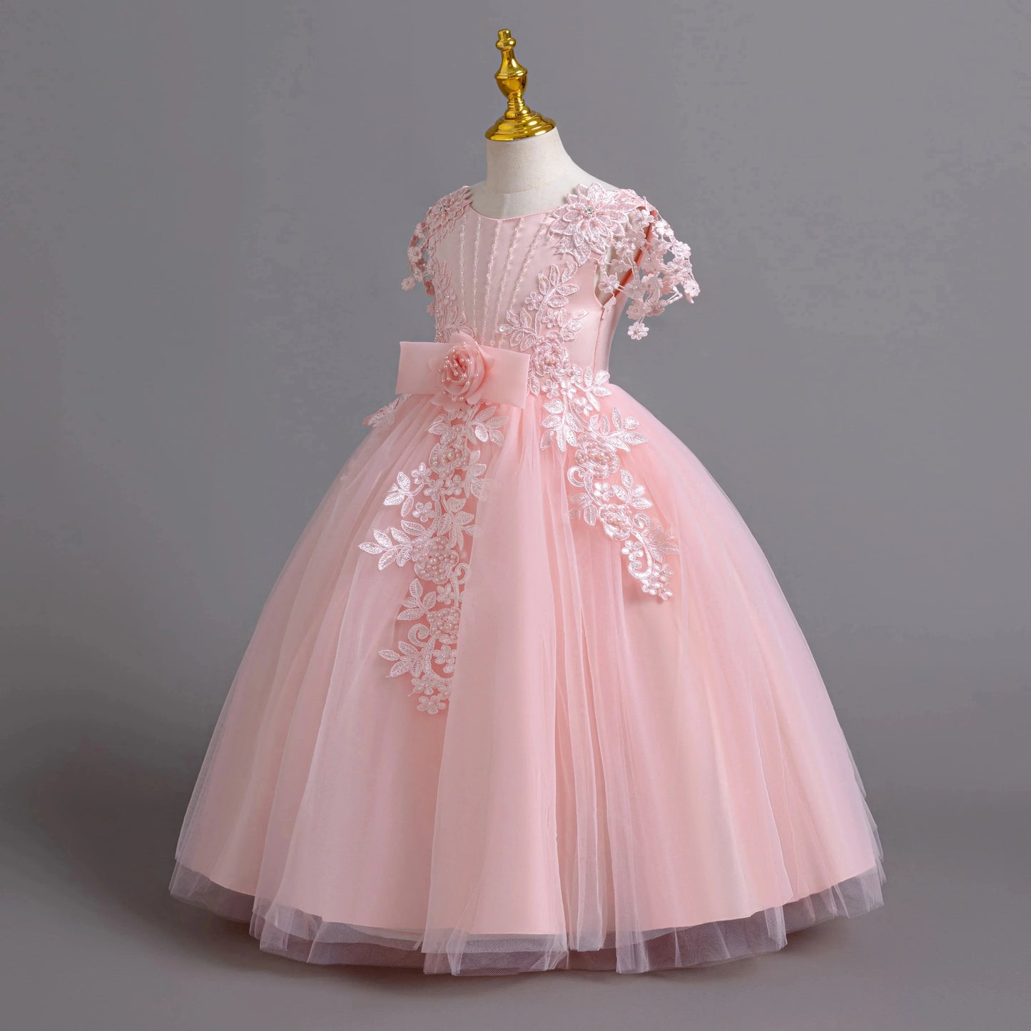 Lace up Tulle Flower Girl Dress Chest with flowers First Communion Ball Gown Wedding Party Bridesmaid Dress Kids 12Y